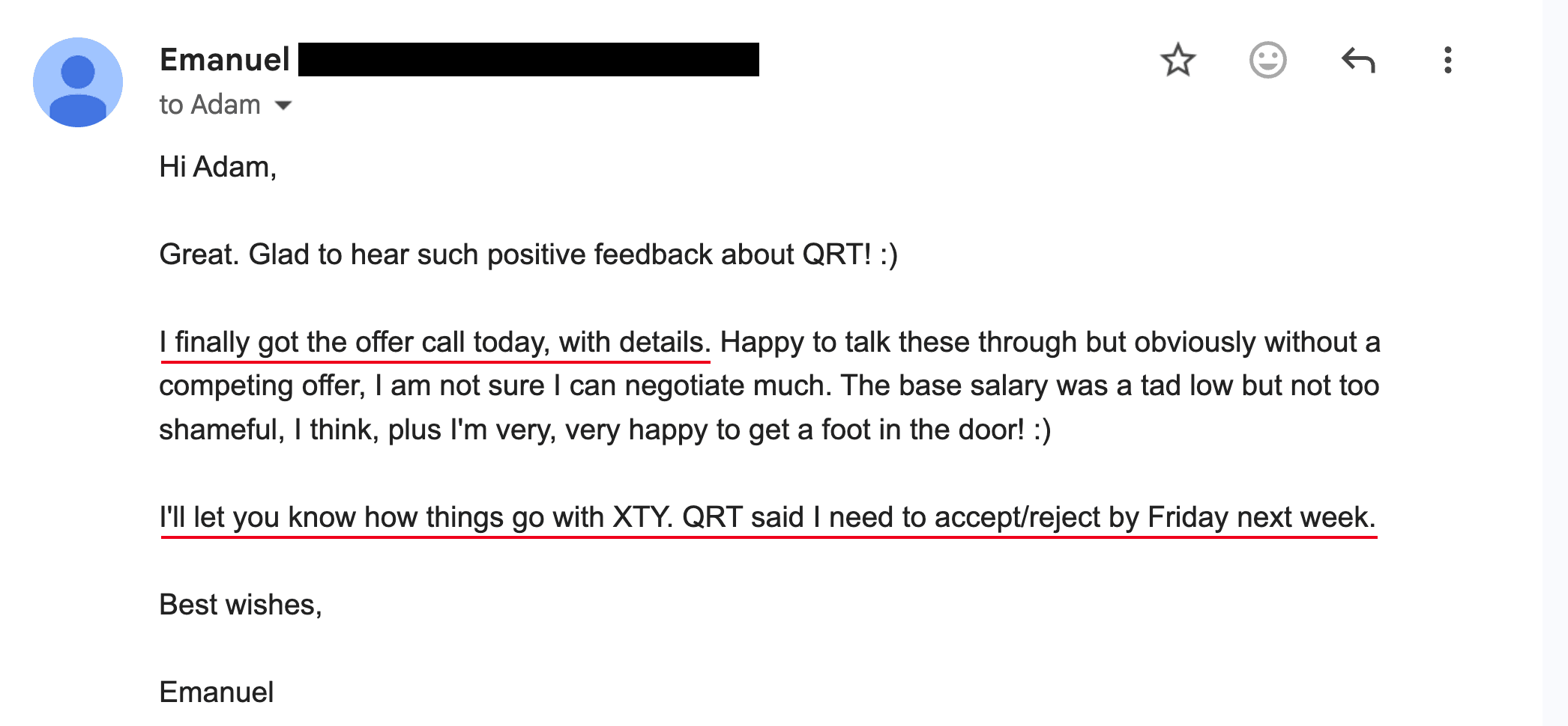 Email from Emanuel — Offer — QRT. “I finally got the offer call today, with details… very, very happy to get a foot in the door!”