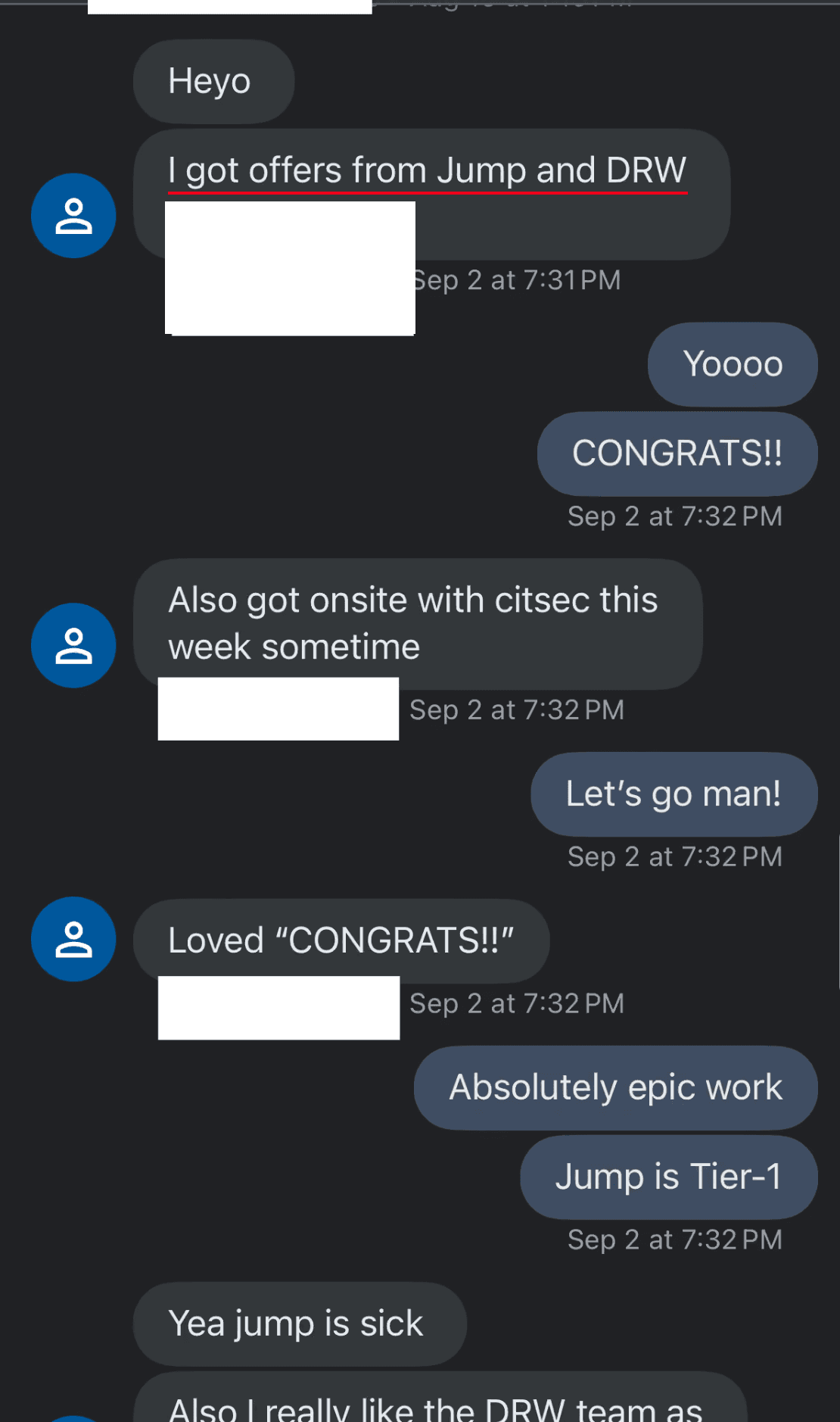 Text message from Verified student — Offers — Jump + DRW. “I got offers from Jump and DRW for QR intern. Also got onsite with citsec this week — “Absolutely epic work. Jump is Tier-1.””