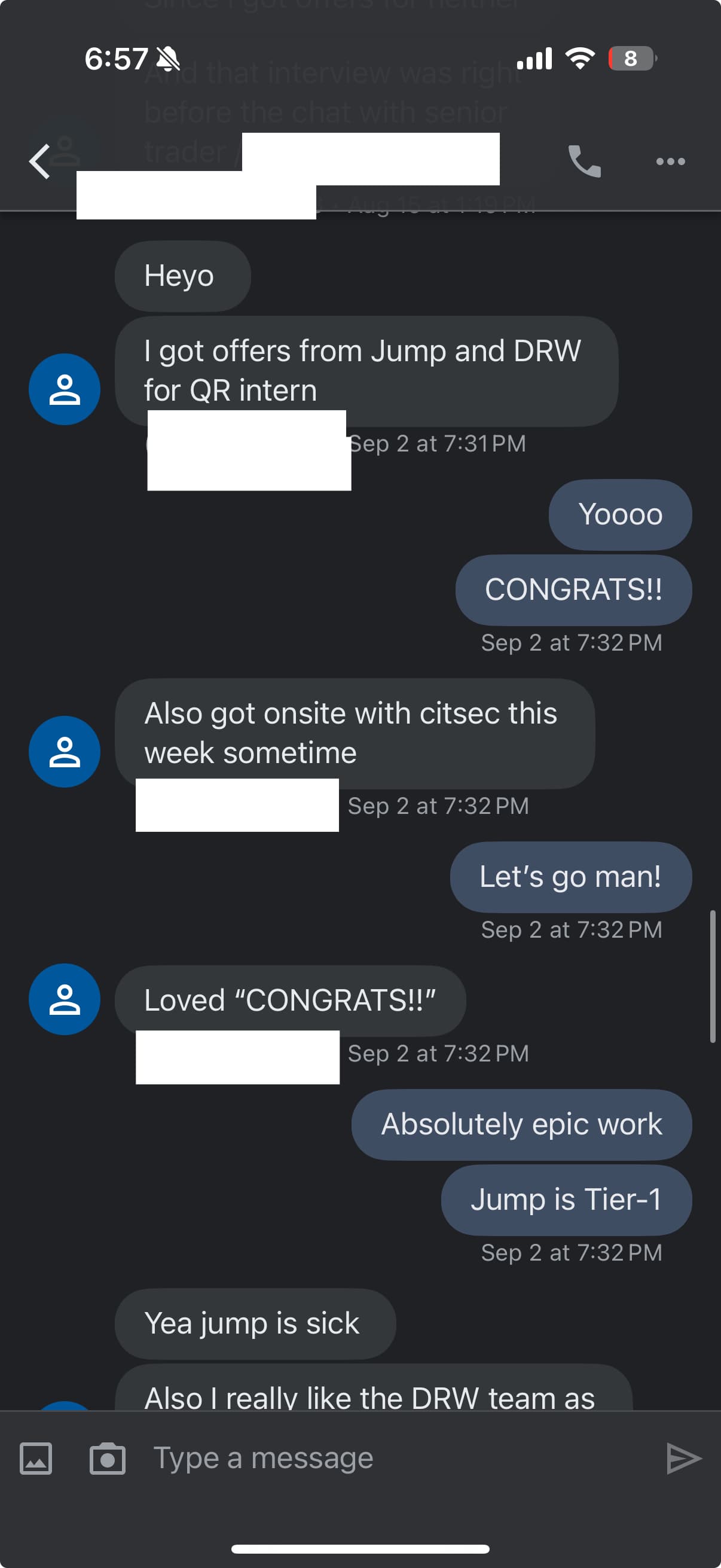 Text message from Verified student — Offers — Jump + DRW. “I got offers from Jump and DRW for QR intern. Also got onsite with citsec this week — “Absolutely epic work. Jump is Tier-1.””