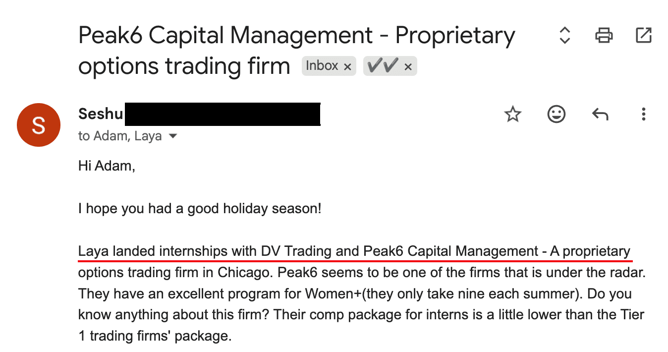 Email from Seshu — Internships — Peak6 + DV Trading. “Landed internships with DV Trading and Peak6 Capital Management — a proprietary options trading firm in Chicago.”